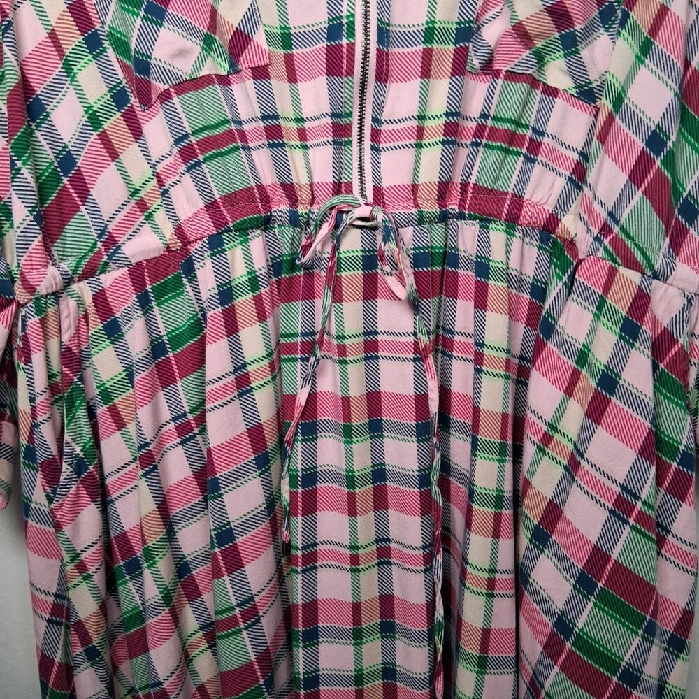 Torrid Dress Size 3 Plus Size 3X Pink Green Blue Pliad Roll Sleeve Midi Zip - Picture 5 of 16